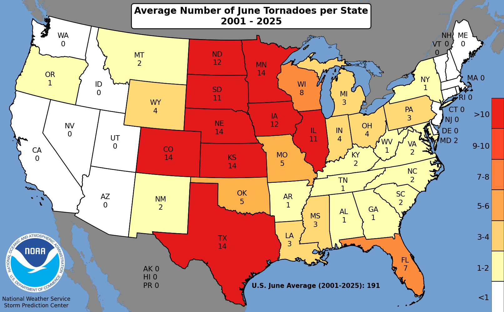 Average Number of Tornadoes in June