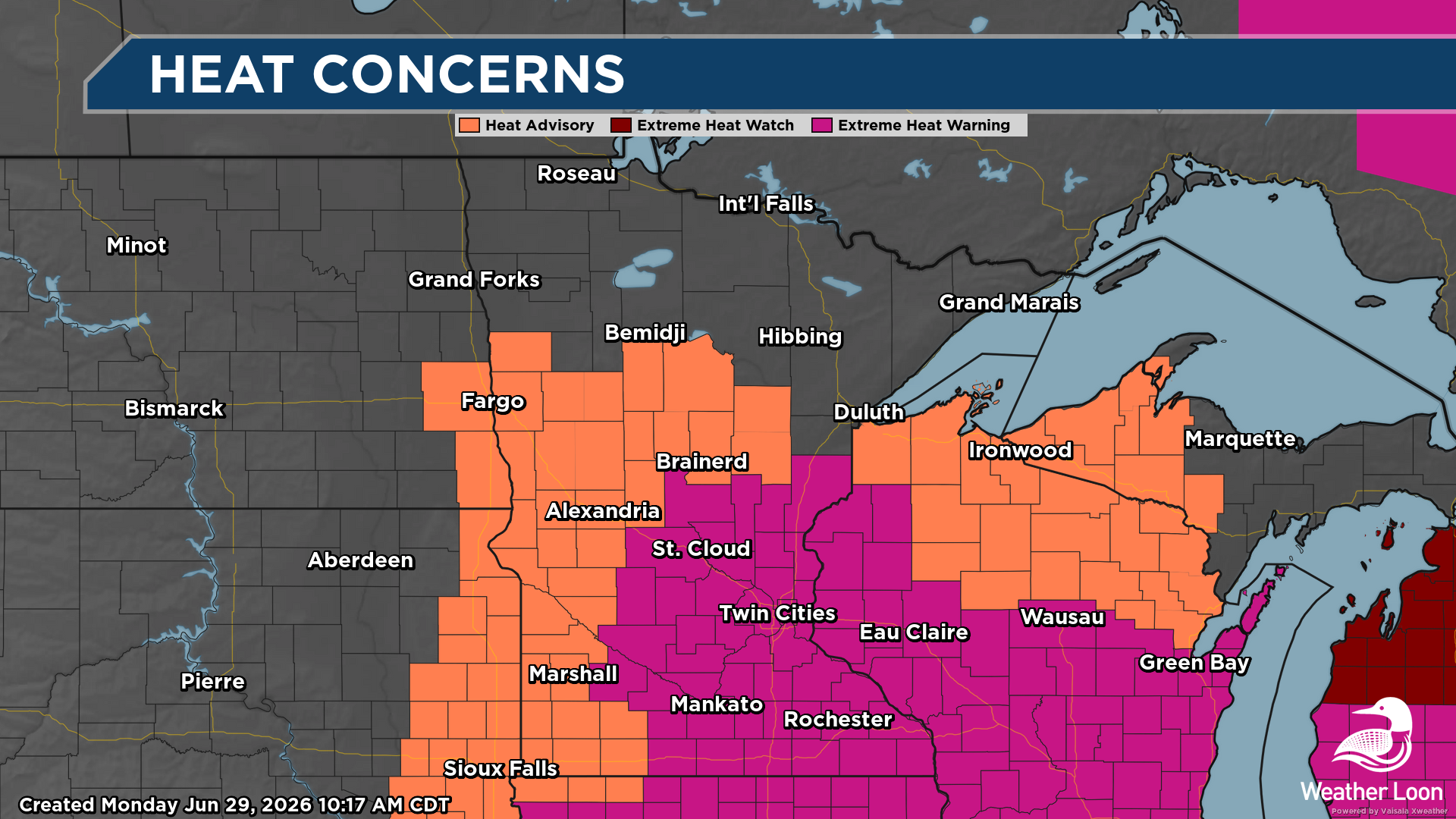 Extreme Heat Warnings & Advisories on Monday, June 29th, 2026
