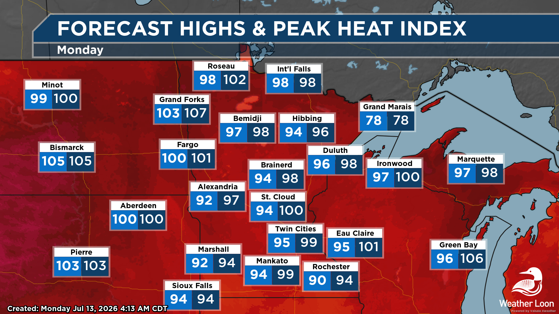 Forecast highs and heat index across Minnesota Monday.