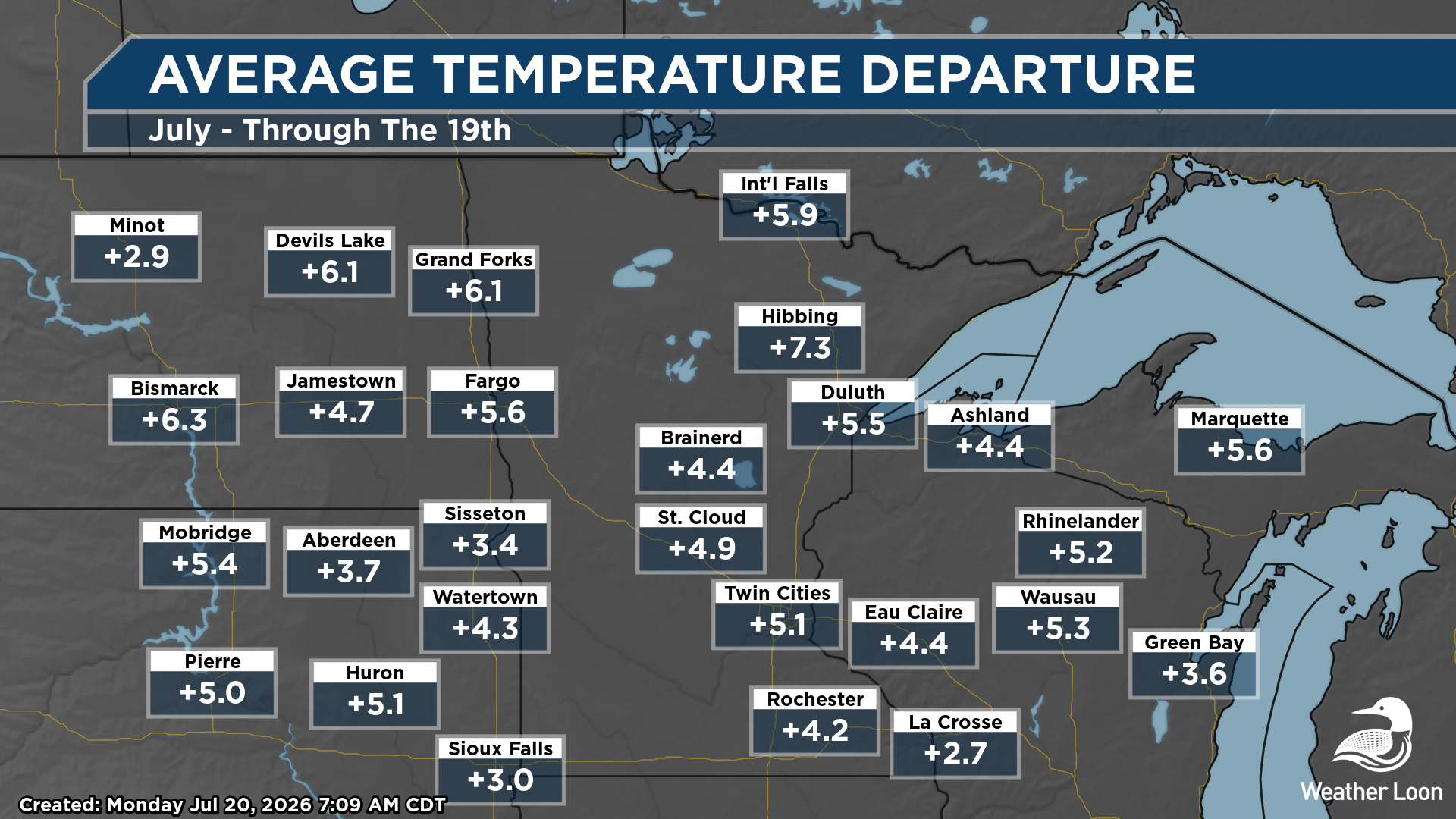 Average temperature departure from average so far in July across Minnesota